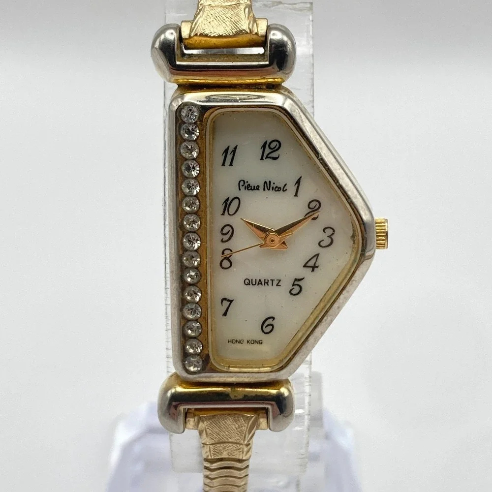 Pierre Nicol Half Moon Womens Watch Gold Tone Crystals MOP New Battery SMALL